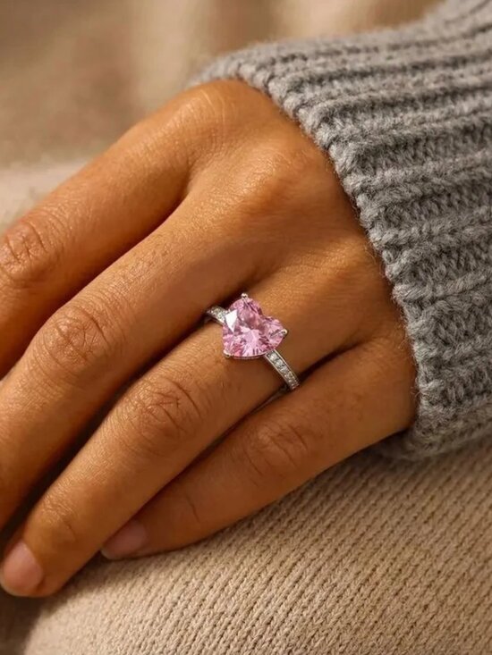 NEW 18k White Gold Pink Sapphire Ring Heart Ring Diamond Heart Ring